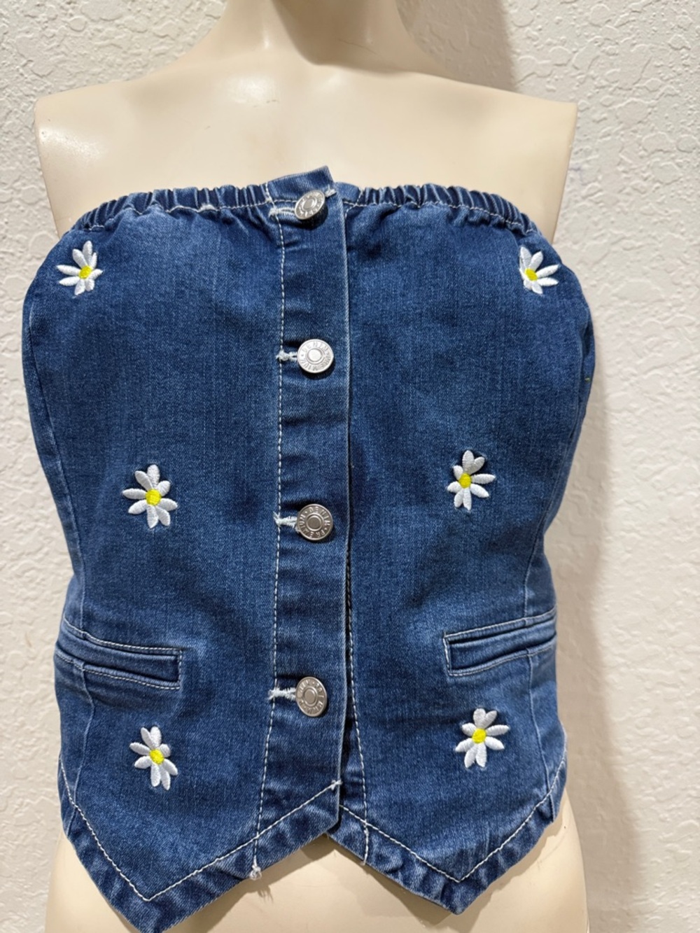 Love Tree Blue Denim Strapless Crop Top with Daisy Embroidery